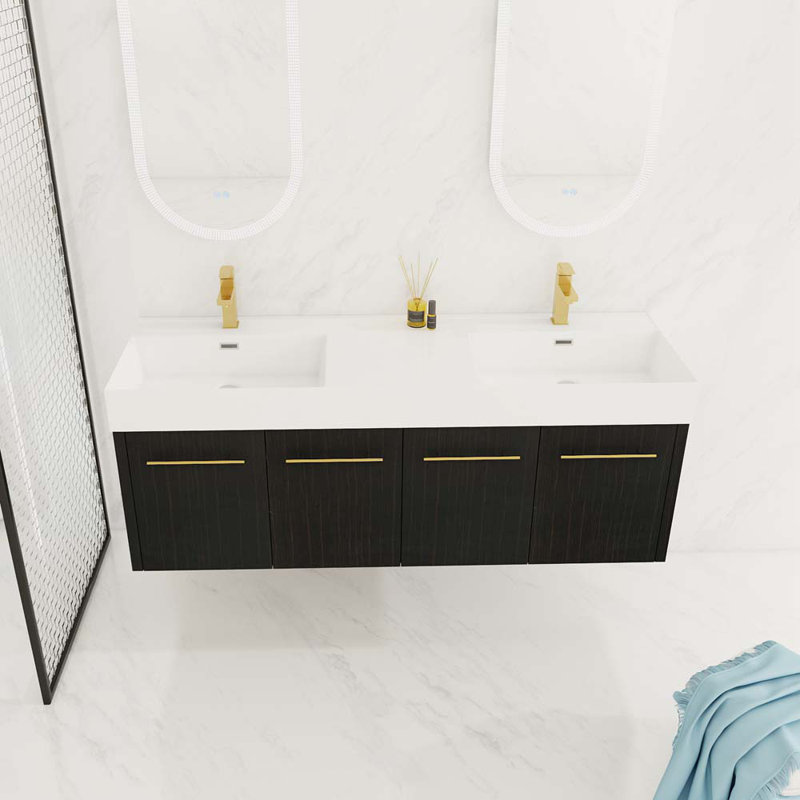 Meuble-lavabo double 59,1 po avec plateau en résine Anasofia