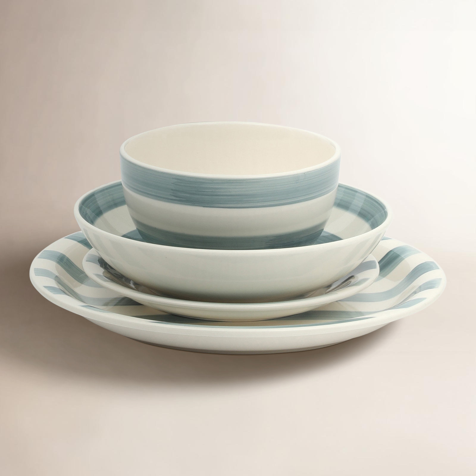 Gibson Home Kenwood Shores 16 Piece Stoneware Dinnerware Set, Hand-Painted Plates and Bowls, Service for 4 - Blue Striped - Blue