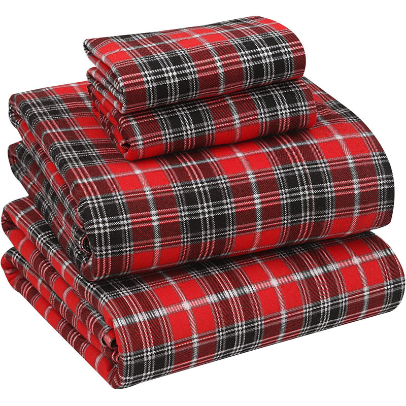 Ensemble de draps en flanelle 100% coton, 4 pièces, draps d'automne chauds et douillets de 16 po, Carreaux rouges