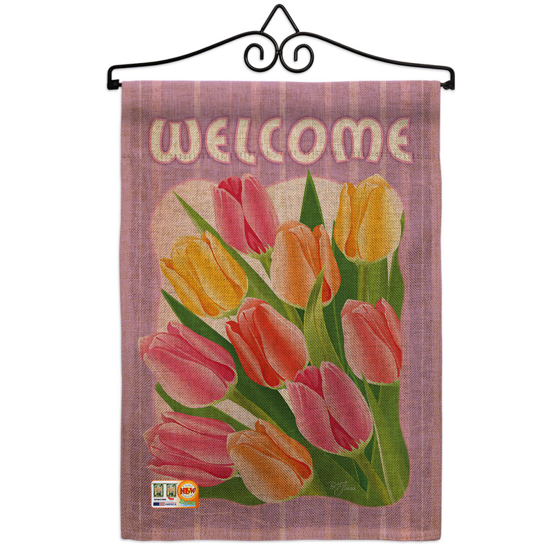 En toile jute à 2 côtés 19 x 13 po welcome tulipe drapeau de jardin