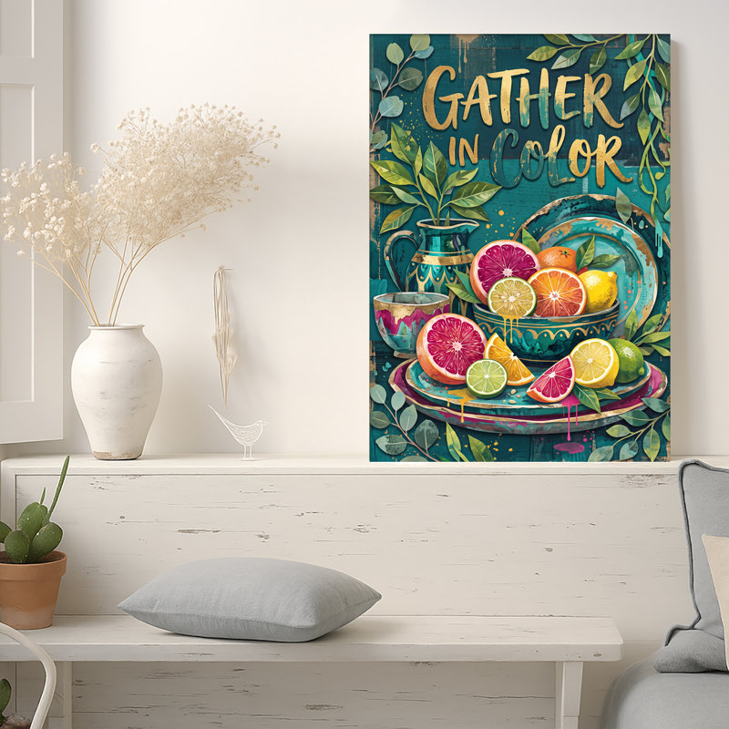 Art mural sur toile fond de tranches d'agrumes et de texte doré sur fond sarcelle, 18"H x 12"W
