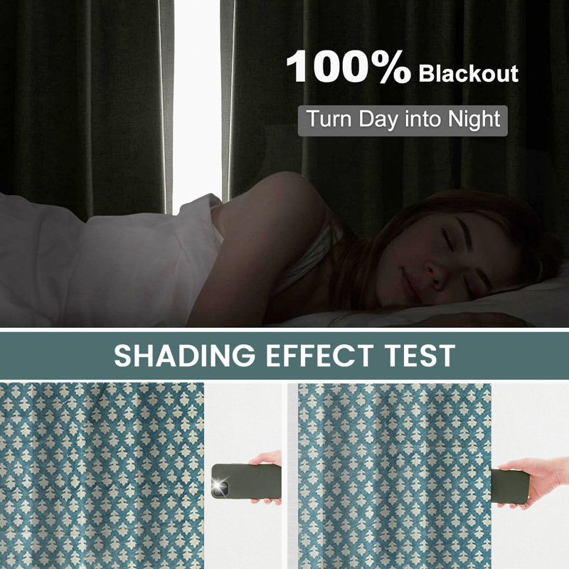 Fabdivine Handmade Block Print Floral Light Blue 2 Panel Set, Soft or Boho Pure Linen Pinch Pleated Curtains Perfect for Kitchen and Window Door 27x96 Inches Farmhouse 100% Blackout, Pinkcity