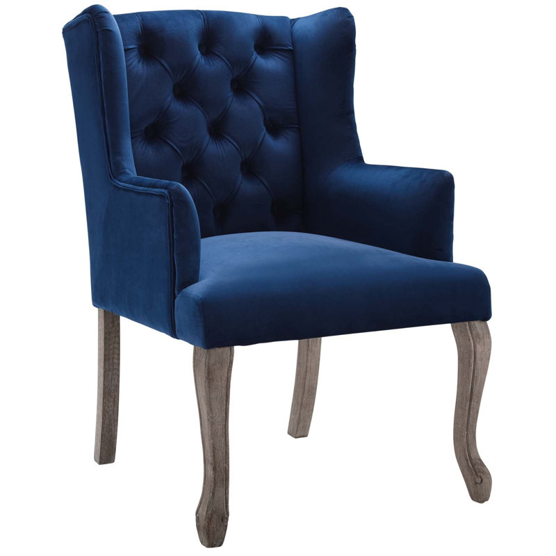 Chic Navy Velvet Upholstered Wingback Armchair with Weathered Wood Legs
