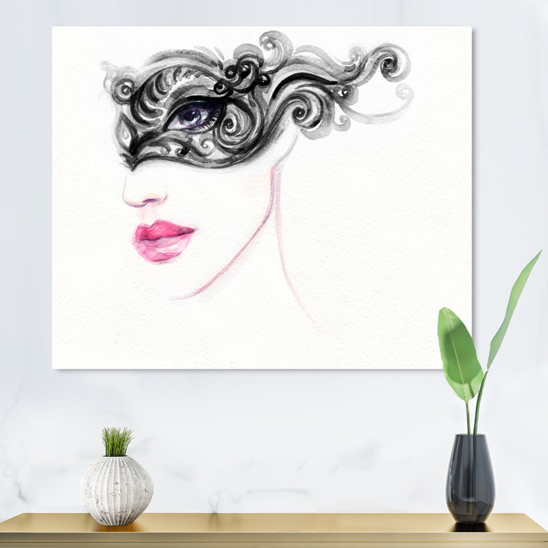 Fashionista avec masque de Venise noir - reproduction sur toile, H 16 po x l 32 po x P 1 po, Toile tendue
