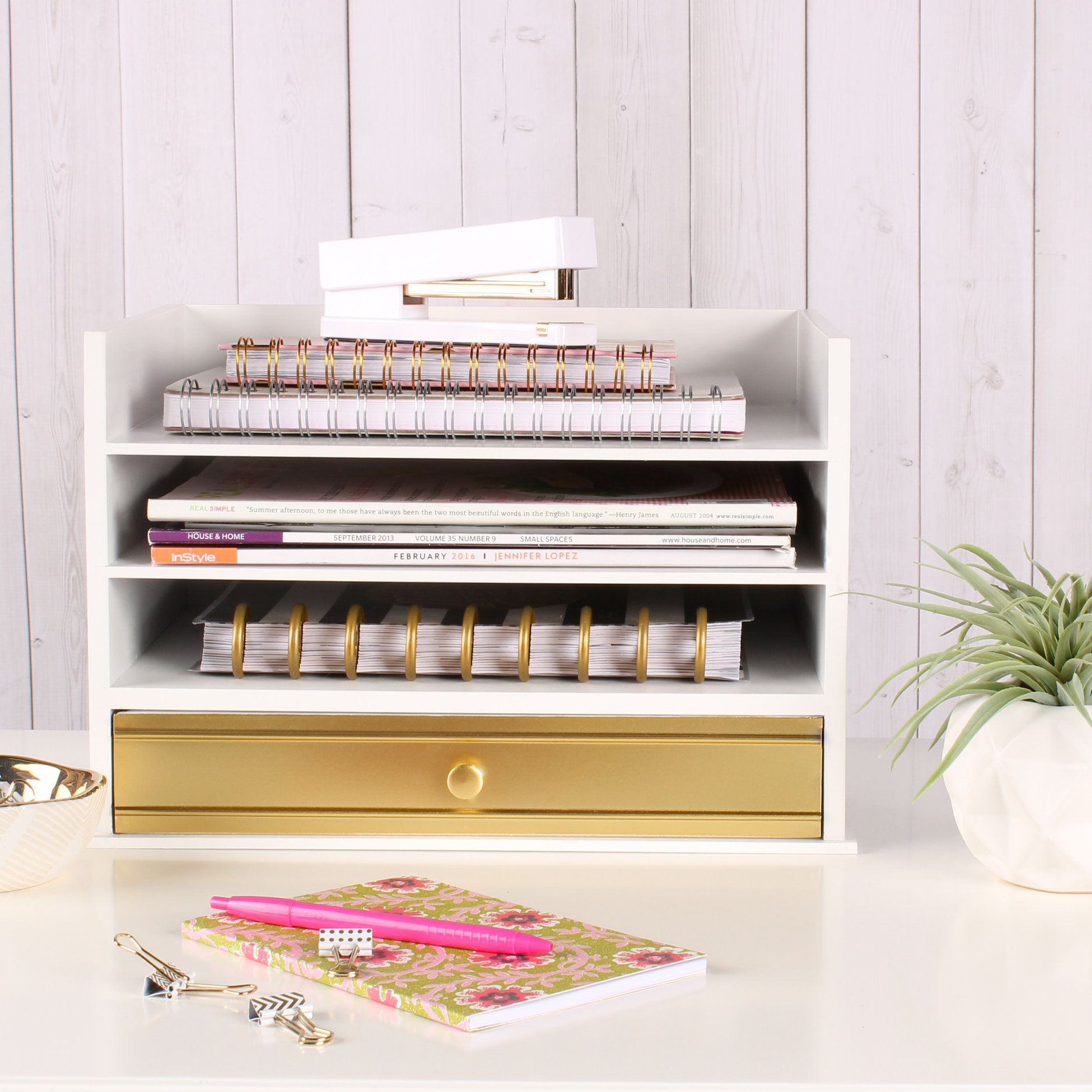 Kate and Laurel Industrious Desktop Wood Letter Tray with 3 Trays and Drawer & Reviews | Wayfair