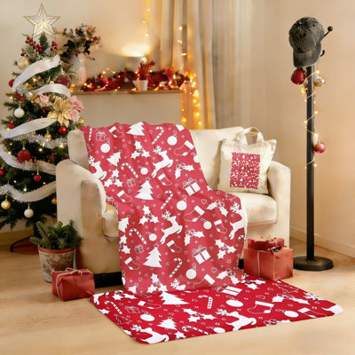 Christmas Classic Red & White Holiday 4-Piece Cozy Gift Set: 30x40 Inch Flannel Blanket + 15.75x13.78 Inch Canvas Tote + Washed Denim Beanie + 24x16 Inch Flannel Mat – Festive Home Decor Bundle