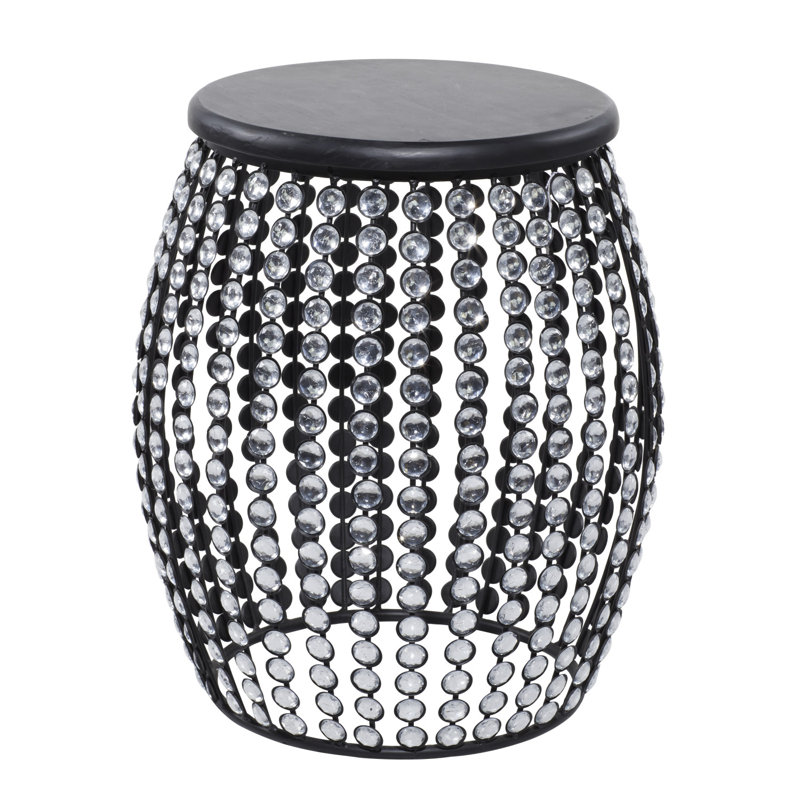 Glam Black Iron and Wood Round Accent Table with Crystal Embellishments