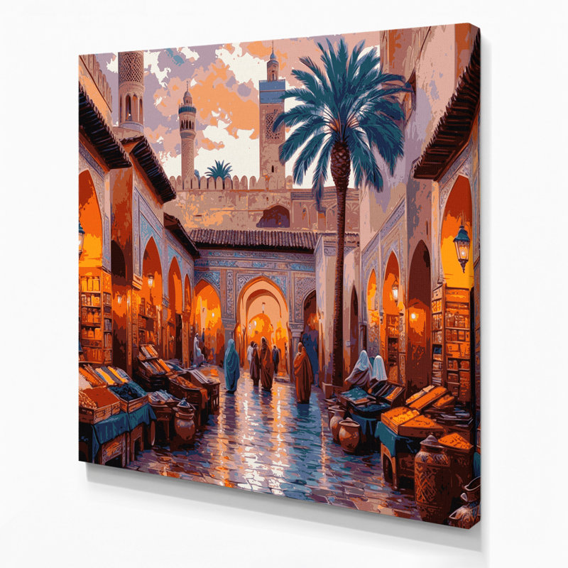 Art mural sur toile brun avec cités, villes, Maroc, H 16 po x l 16 po