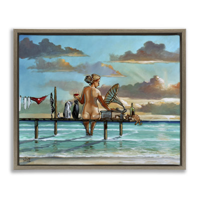 Woman & Cats Beach Sunset Floating Frame, design by Ronald West