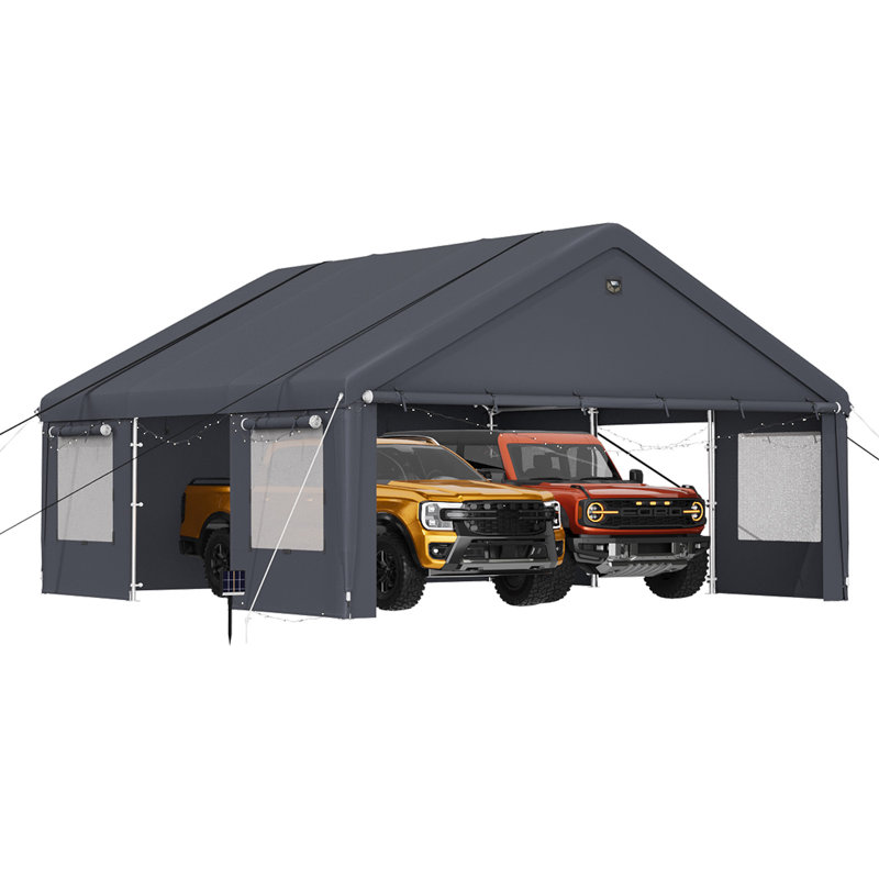 Abri d'auto robuste durable 20 x 20 pi, structure en acier galvanisé et housse imperméable en PE à 3 couches, gris foncé