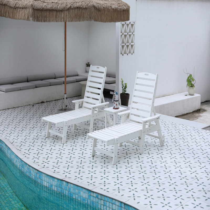 Lounge Chair With Side Table, 3-Piece Oversized Chaise Lounge Chair Set With Wooden Texture, All Weather Patio Lounge Chair With 5 Positions,Wheels Andcup Holder