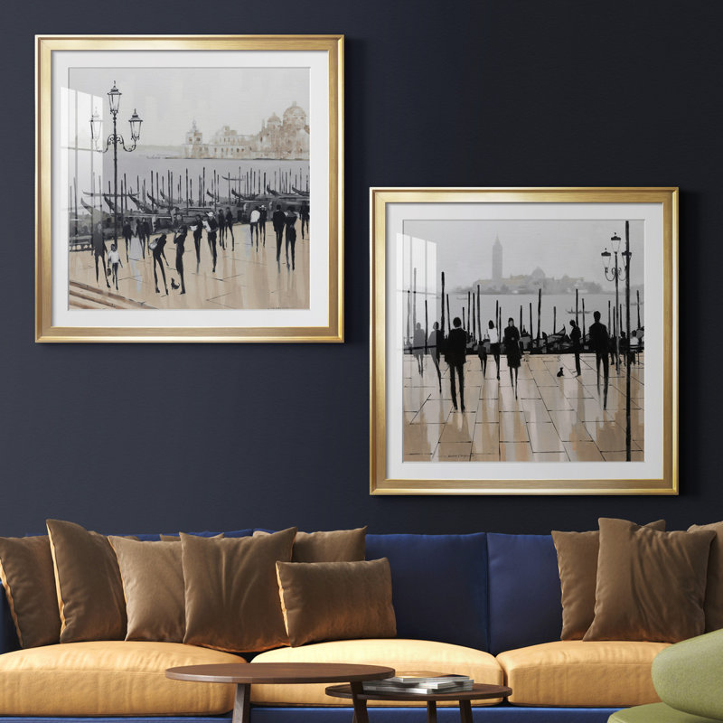 «Quiet Gondolas I», ensemble de 2 reproductions d'art graphique, H 30,5 po x l 61 po x P 1,5 po, Papier encadré doré, Blanc