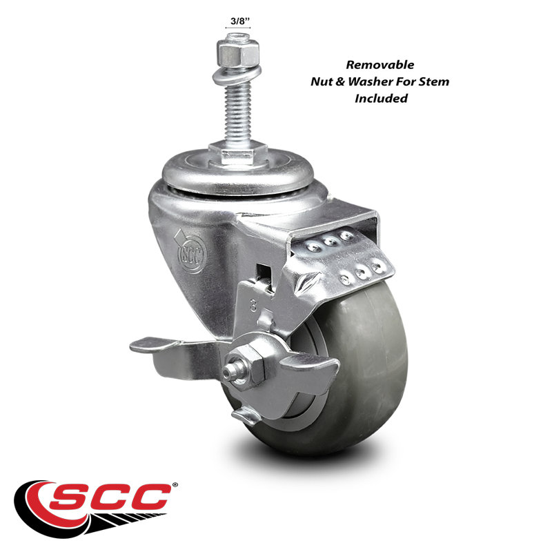 Ensemble de roulettes à tige filetée en polyuréthane pivotant de 3 po en acier inoxydable de 3/8 po à 2 freins SCC
