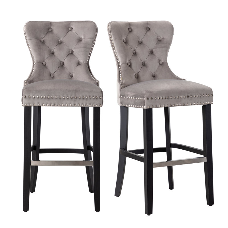 Kirsten Upholstered Counter Stool with Solid Wood Frame, Gray, Bar Stool (29” Seat Height), Black
