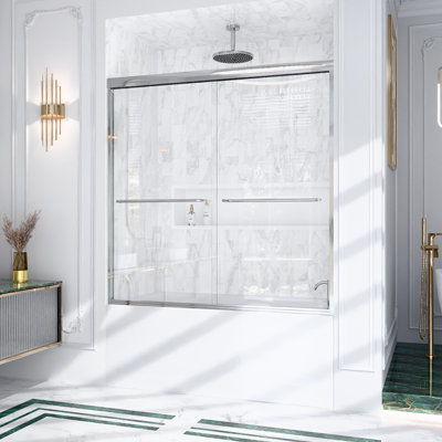 56"-60"W*60" H Semi-Frameless Double Sliding Shower Door, Bypass Shower Door, 1/4" (6mm) Thick SGCC Tempered Glass Door