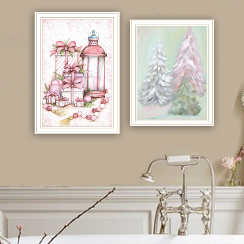 Donnez à votre maison une touche moderne avec la décoration murale: 2 arbres de Noël Pink Candy Land, cadre blanc, bois et papier, Made In Enrich Art