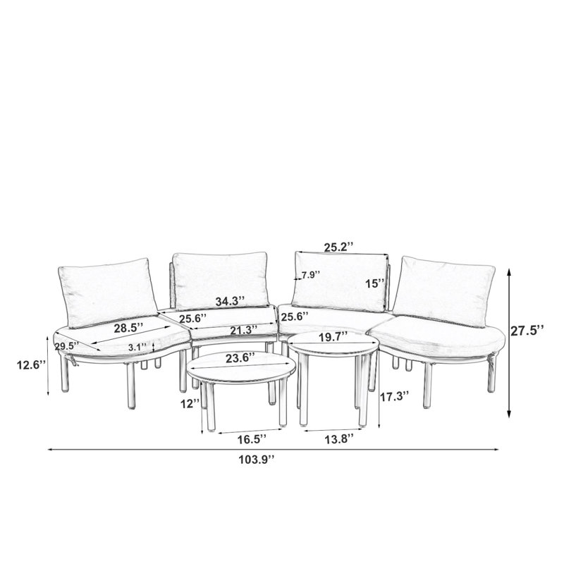 Ensemble modulaire d'extérieur courbé 6 pièces à conception symétrique, structure en aluminium avec extérieur en osier PE, coussins en polyester teint dans la masse, nécessite un assemblage