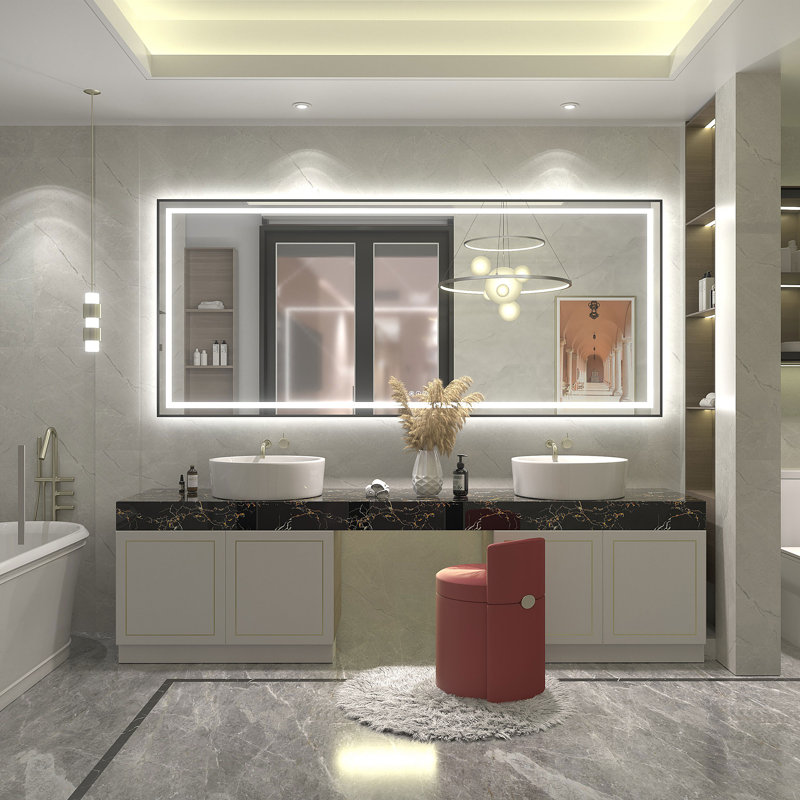Miroir de salle de bain / meuble-lavabo à cadre en verre trempé à DEL certifié anti-buée Wayfair Basics®, 88 po x 38 po