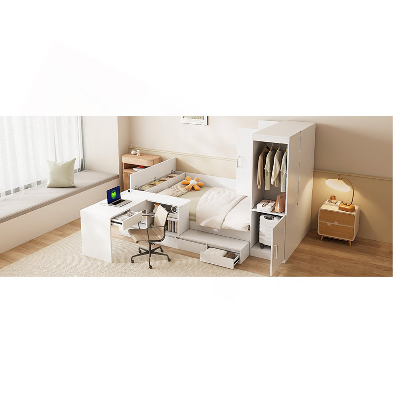Lit plateforme double en bois avec 6 tiroirs, tablettes, bureau et garde-robe, Blanc