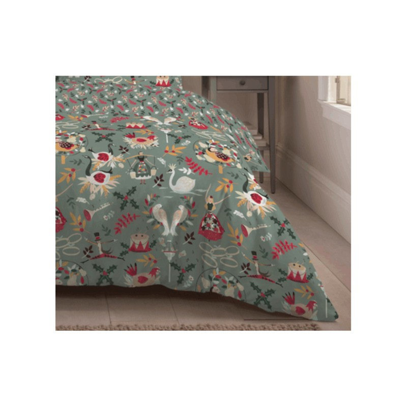 Sage Green Festive Storybook Duvet Cover Set – Traditional Holiday Bedding with Pillowcases