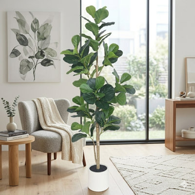 6ft Artificial Fiddle Leaf Fig Tree with Natural Wood Trunks in White Pot
