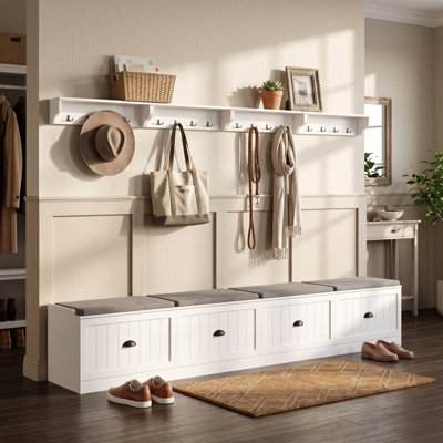 126" Wall-Mounted Hall Tree Set With Coat Hooks, Cushioned Bench & Cabinets
