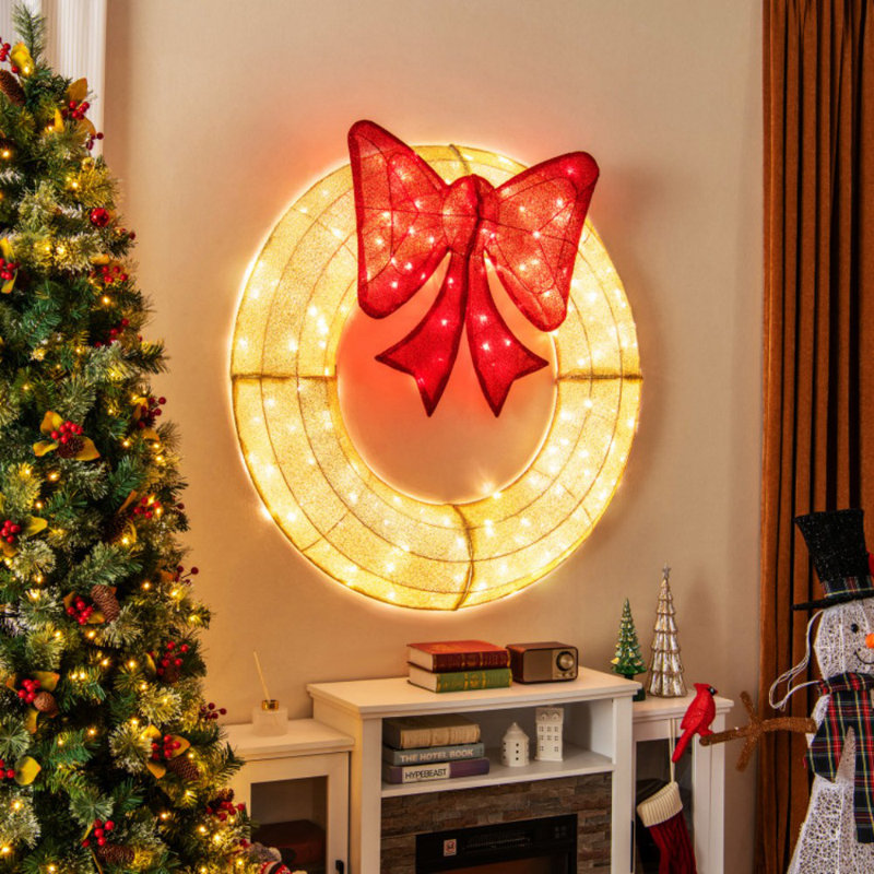 Couronne de Noël illuminée 48 pouces avec grand nœud et 200 ampoules DEL