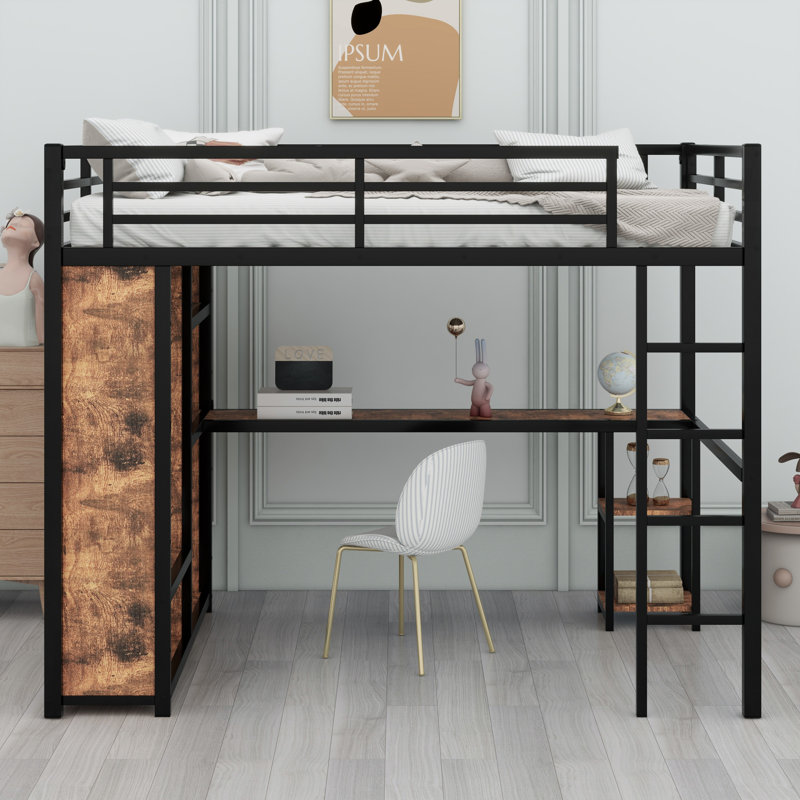 Loft Bed Frame With Wardrobe, Desk And Storage Shelves, Woodgrain/Black