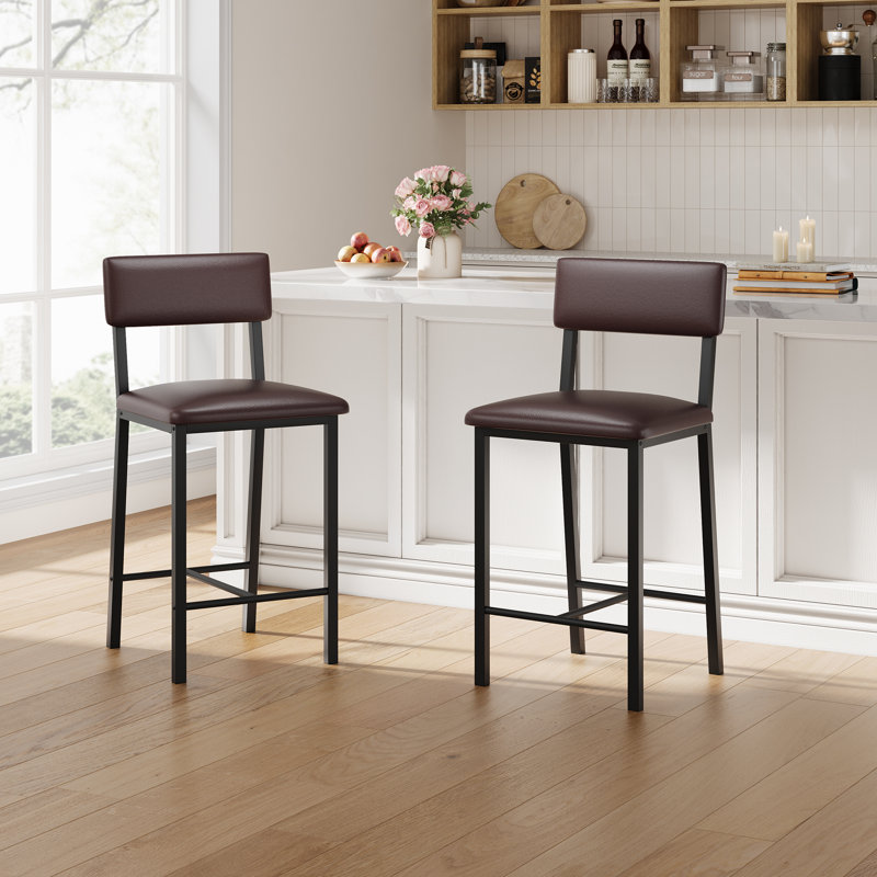 Set of 4 Brown Counter Height Bar Stools, Upholstered Cushioned Seating with Metal Frame and Footrest, Brown