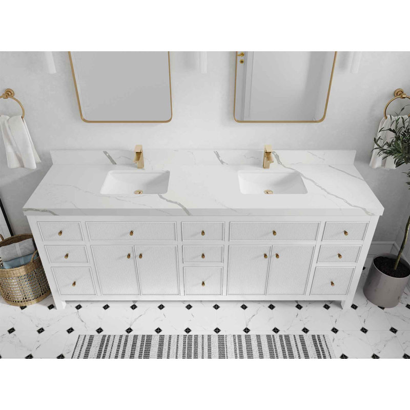 84'' Double Bathroom Vanity with Top, White, Calacatta Laza Quartz
