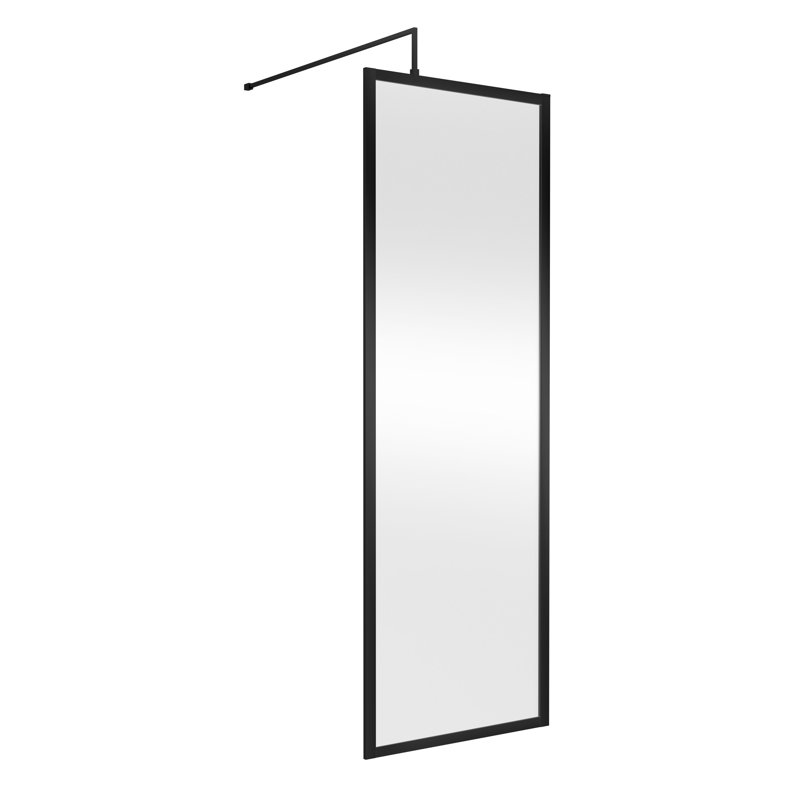 nuie 760mm Matt Black Full Outer Frame Wetroom Screen With Support Bar