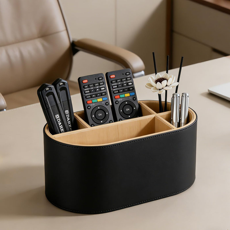 Organisateur de bureau multi-compartiments en cuir de polyuréthane, support de bureau pour télécommandes, stylos, pinceaux de maquillage et fournitures de bureau, noir