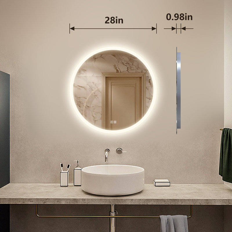 Naliyah Round Energy Saving Copper-Free Silver LED Lighted Bathroom / Vanity Mirror, Anti-Fog, Dimmable, 28" x 28"