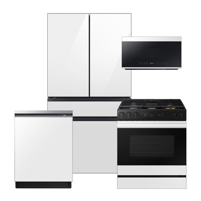 Samsung Bespoke White Glass Counter Depth Kitchen Package with 23 cu. ft. 4-Door French Door Refrigerator with Beverage Center and Gas Range