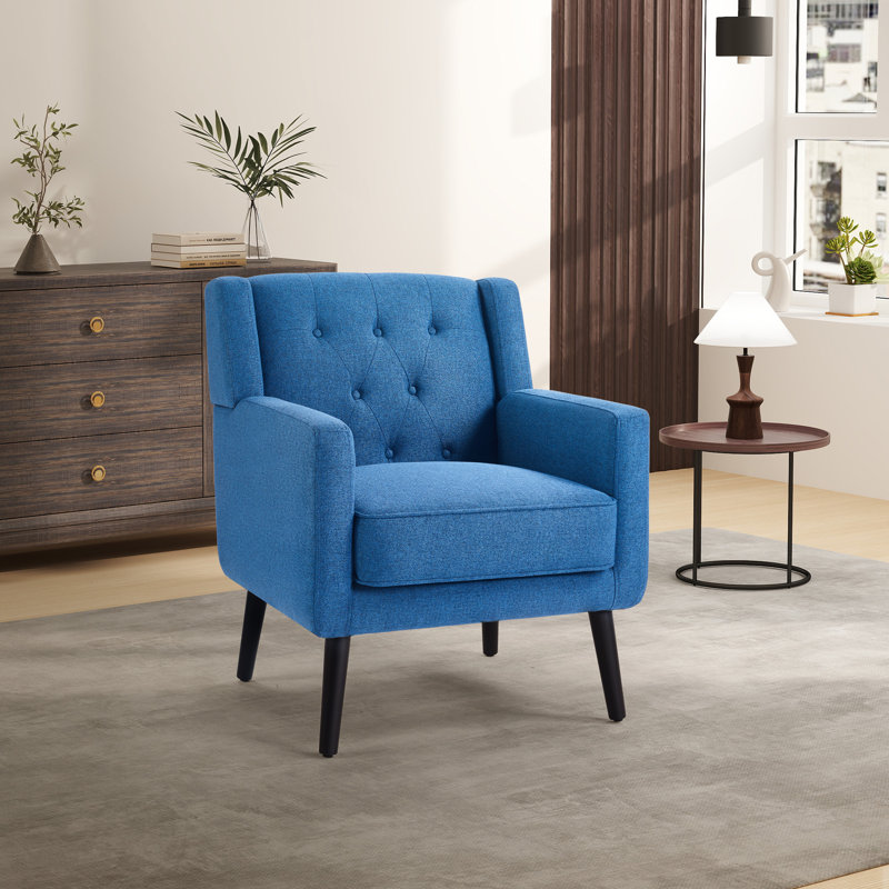 29" Wide Contemporary Upholstered Button-Tufted Armchair With Solid Wood Legs, Blue