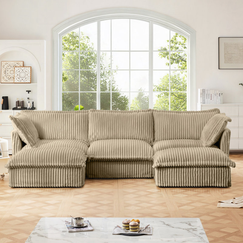 Evelyn U-Shaped Corduroy Sectional Sofa with 2 Ottomans, Velours côtelé chameau, H 34,6 po x l 120 po x P 55 po