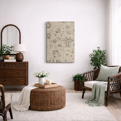 Abstract Botanical Vintage Green Flower Artwork, Illustration Rustic Modern Living Room Pictures, Giclee Canvas Digital Print Framed Wall Art