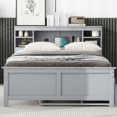 Lit plateforme pleine grandeur gris avec tête de lit, lit gigogne simple et 3 tiroirs - rangement moderne et tête de lit durable
