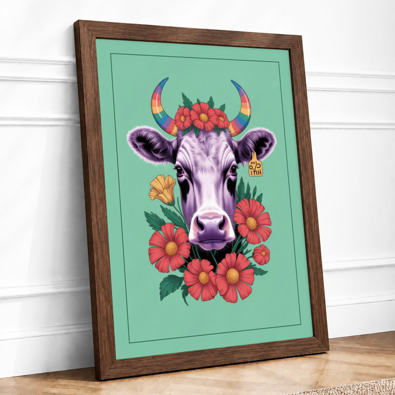 Crowned Cow Boho - Framed Print, A3 - 42.0 x 29.7 cm, Walnut