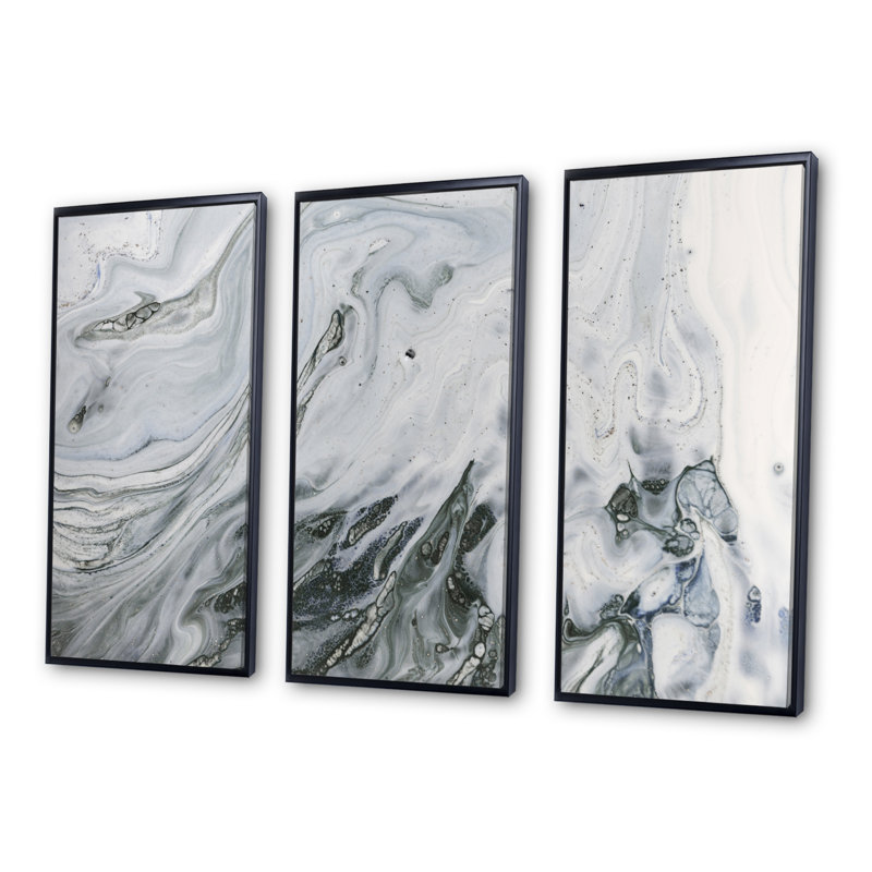 Marbre gris et blanc avec puissance dorée - ensemble d'art mural sur toile Glam, Cadre noir, H 28 po x l 36 po