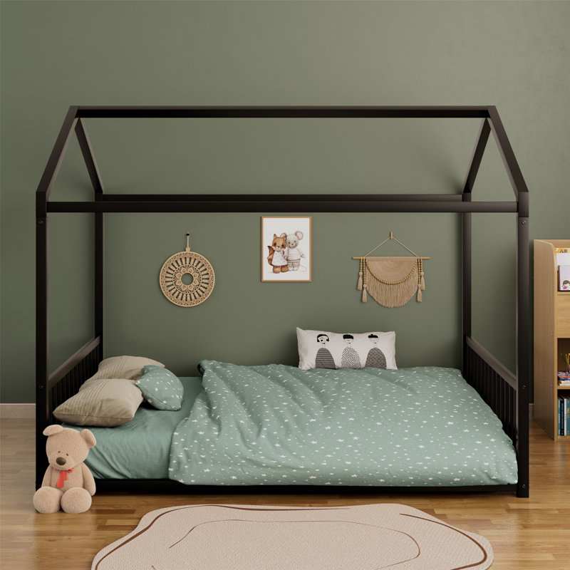 Metal Floor Bed Frame With House Shaped Design And Safety Guardrails, Black