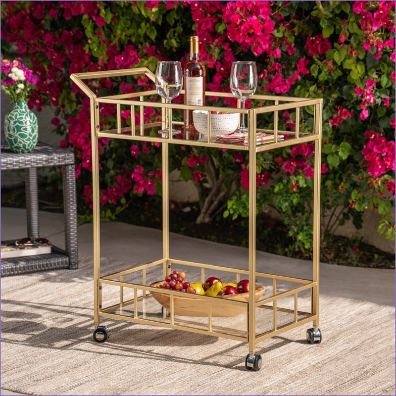 Chariot-bar moderne en argent brossé avec tablettes en verre trempé | Roulettes à roulettes | Verre et métal | Argent brossé