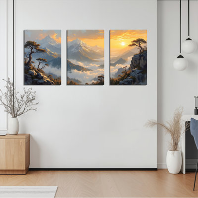 Mountain Sunset Landscape Canvas Wrapped Wall Art, Oil Painting Print (Set of 3)