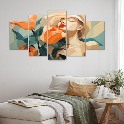 Mid-Century Colors Floral Woman Portrait III - Fashion Multipanel Wall Art, ensemble