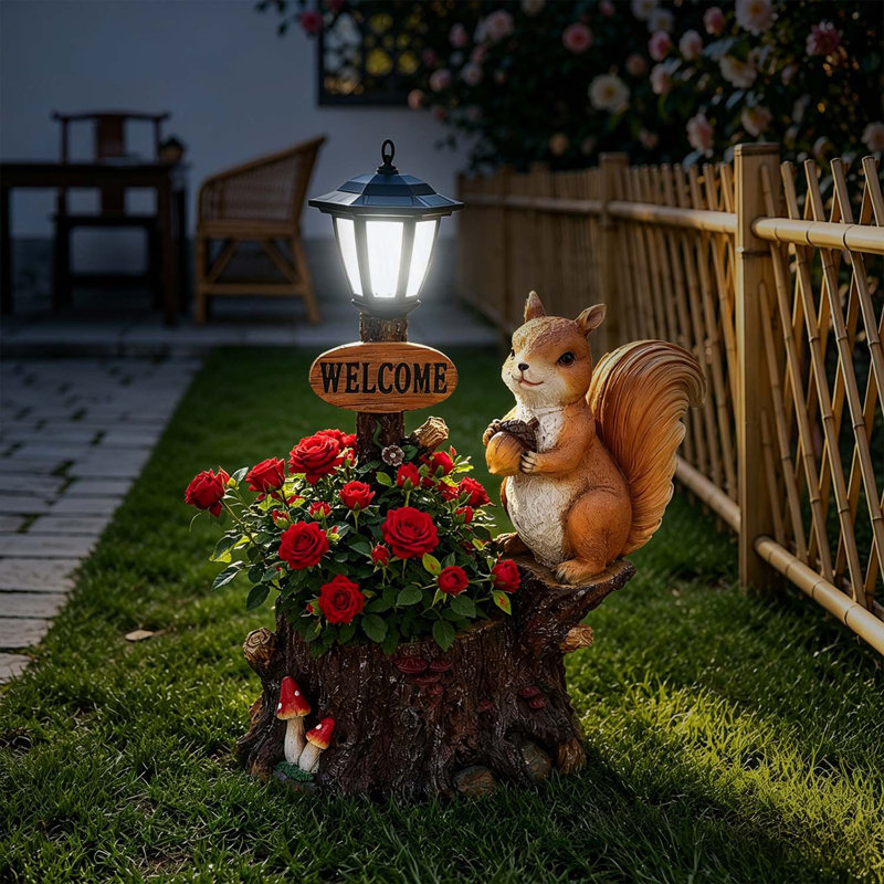 Mignon pot de fleurs avec lanterne décorative - écureuil en polyrésine et lampe à huile pour patio