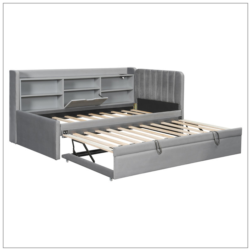 Lit de jour simple en velours gris avec couchette coulissante | Tablettes de rangement et station de charge (USB + prise) | Lit de jour rembourré pour chambre à coucher