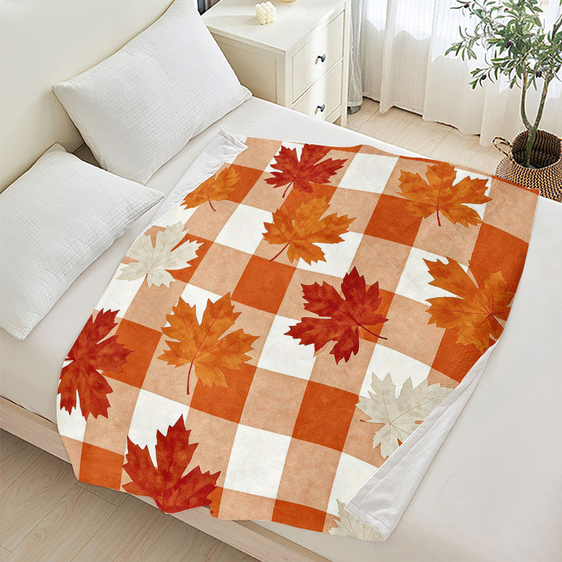 Plaid en flanelle polaire Jyk, léger, respirant, doux et chaud en microfibre pelucheuse, 76 x 102 cm, motif feuilles d'automne à carreaux vichy