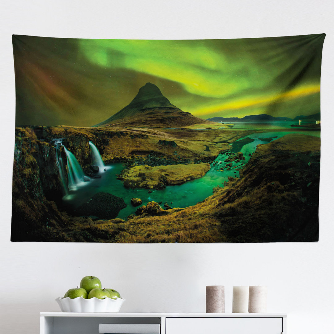 Ambesonne Aurora Borealis Tapestry, Pale Weather Over The Hills Waterfall Creek Nature Landscape, Fabric Wall Hanging Decor For Bedroom Living Room Dorm, 28" X 23", Fern And Olive Green East Urban Home 