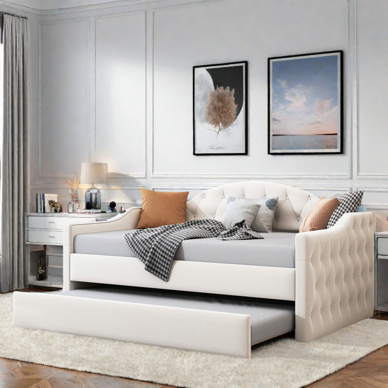 Upholstered Daybed With Fabric And Cloud-shaped Backrest, Beige