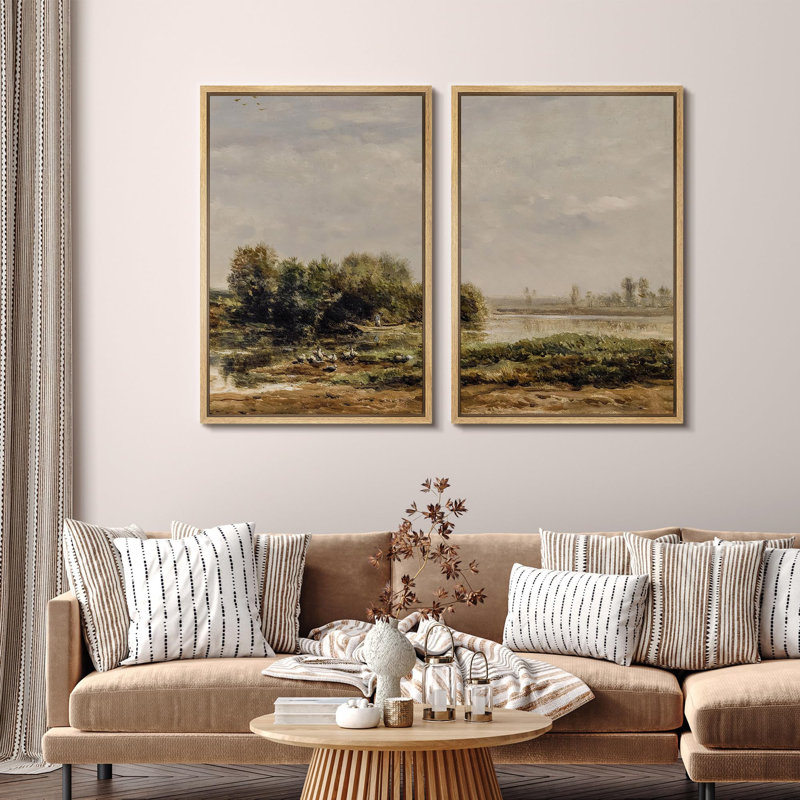 «Lush Riverside Meadows Vintage Style», 2 pièces sur toile, Naturel, H 36 po x l 48 po